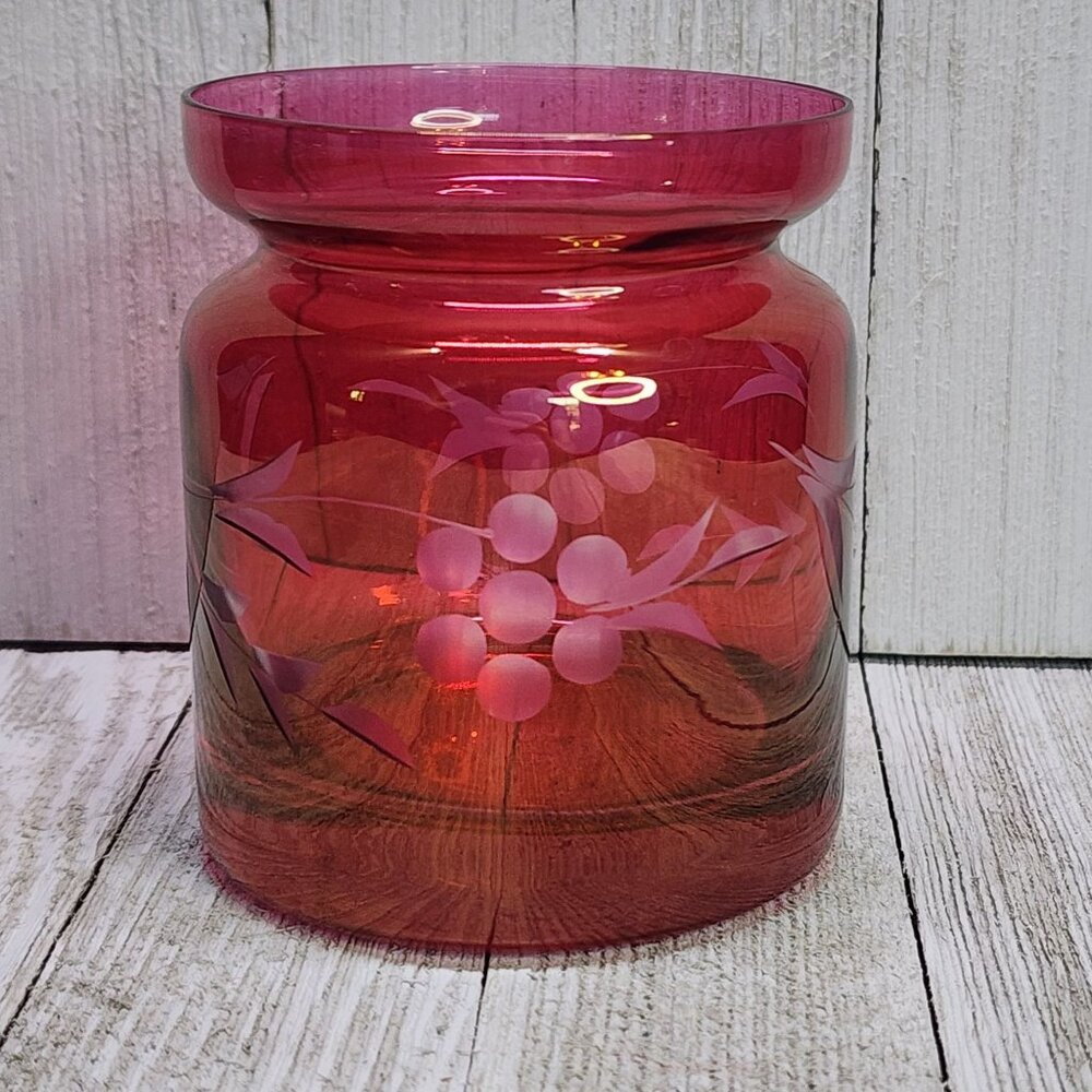 Vintage Cranberry Etched Glass Condiment Jar Red 4'' Tall - No Lid
